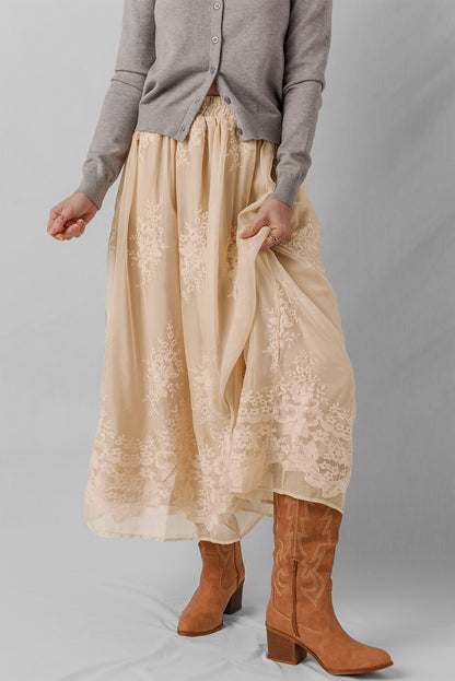 Solid Embroidered Mesh Overlay Midi Skirt