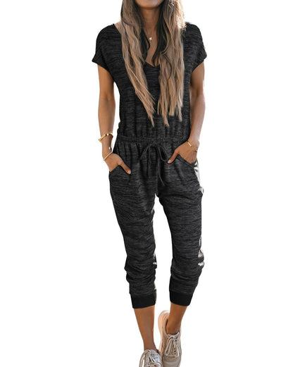 Heather Short Sleeve Drawstring Jumpsuit