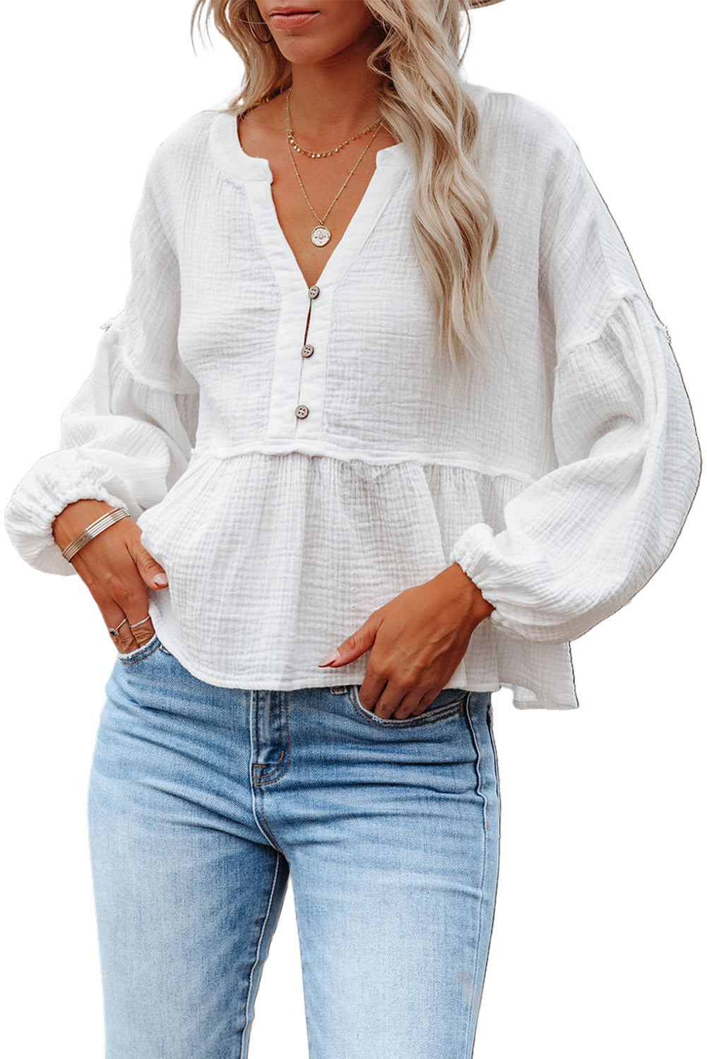 Gauze Long Sleeve Peplum Blouse