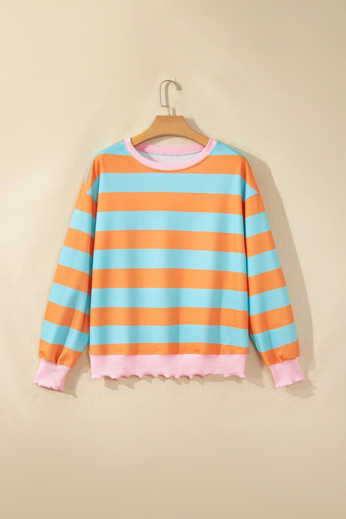Stripe Colorblock Ribbed Trim Long Sleeve Top