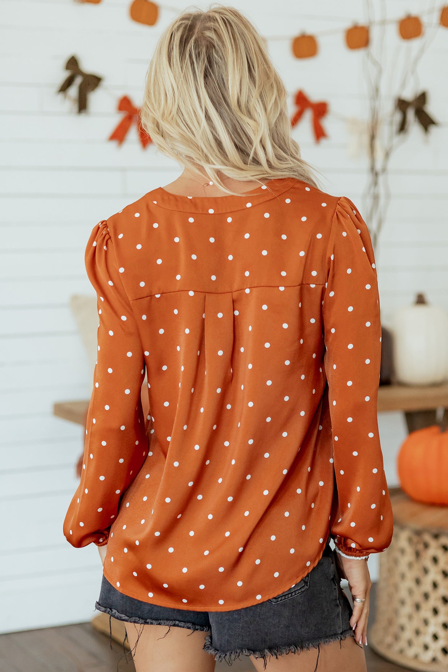 Polka Dot Half Button V-Neck Long Sleeve Blouse