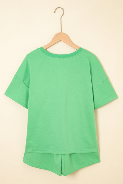 V-Neck Drop Shoulder Tee & Patchwork Drawstring Shorts Set