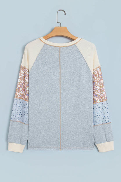 Floral Waffle Patchwork Raglan Long Sleeve Top