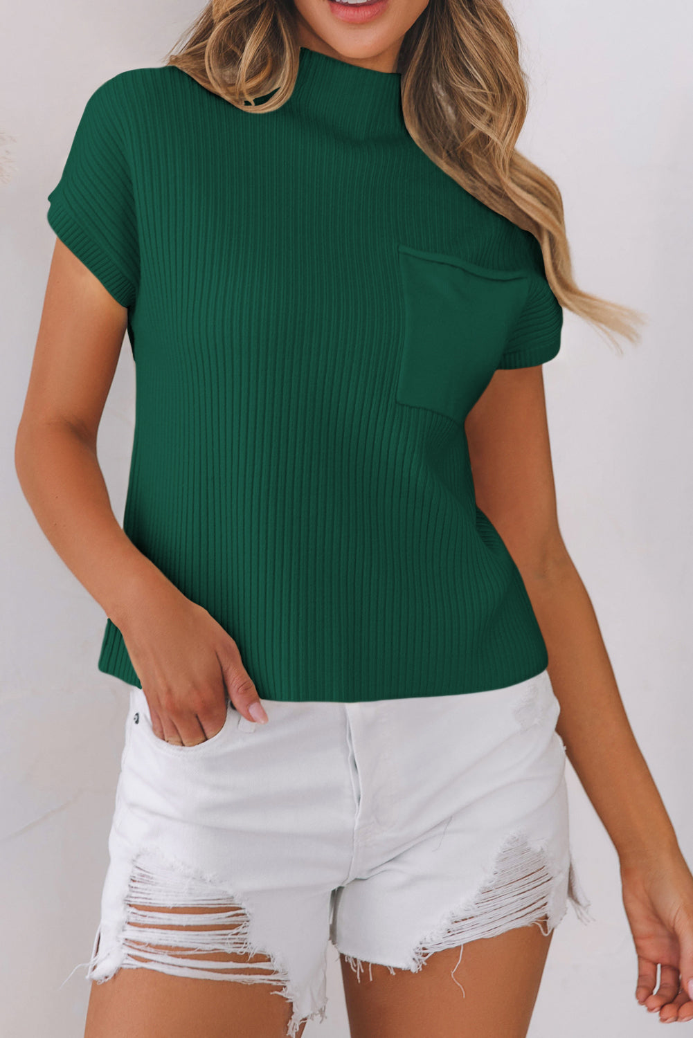 Solid Ribbed Knit Patch Pocket Short Sleeve Sweater