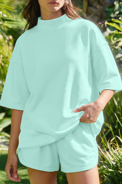 Solid Exposed Seam Mock Neck Tee & Shorts Set