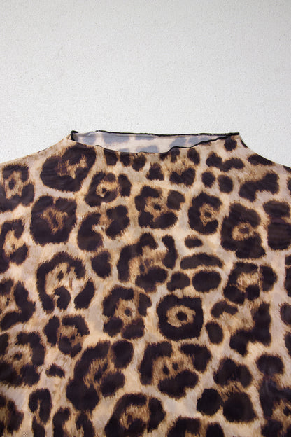 Leopard Mesh Mock Neck Long Sleeve Top