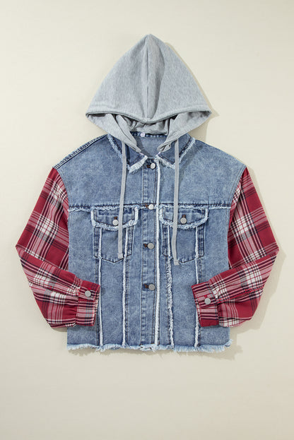 Plaid Denim Patchwork Hooded Jacket