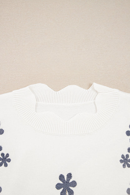 Floral Embroidered Scallop Hem Sweater
