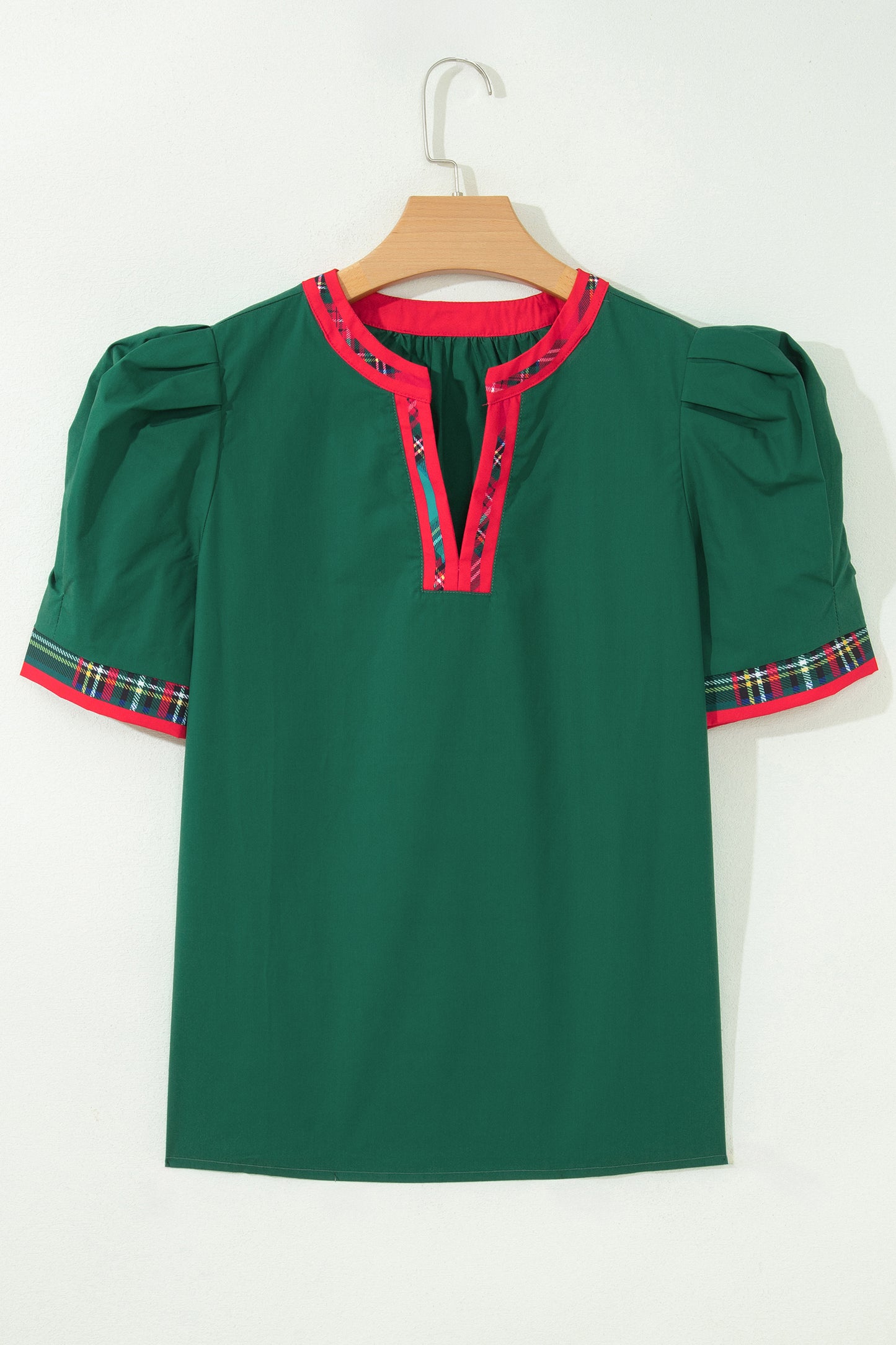 Plaid Contrast Trim V-Neck Short Sleeve Blouse