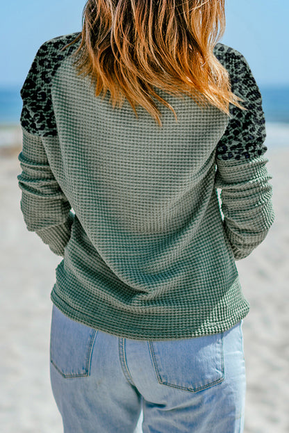 Leopard Waffle Patchwork Henley Blouse