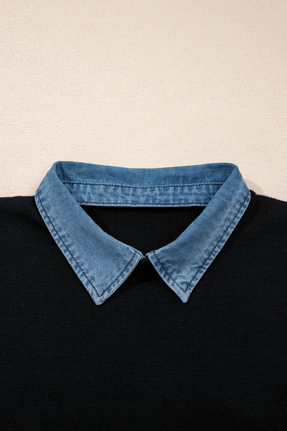 Denim Patchwork Collar Sleeveless Sweater Top