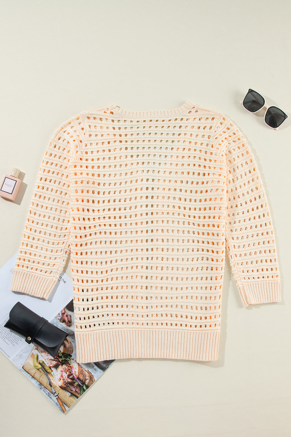 Solid Hollowed Knit Open Cardigan