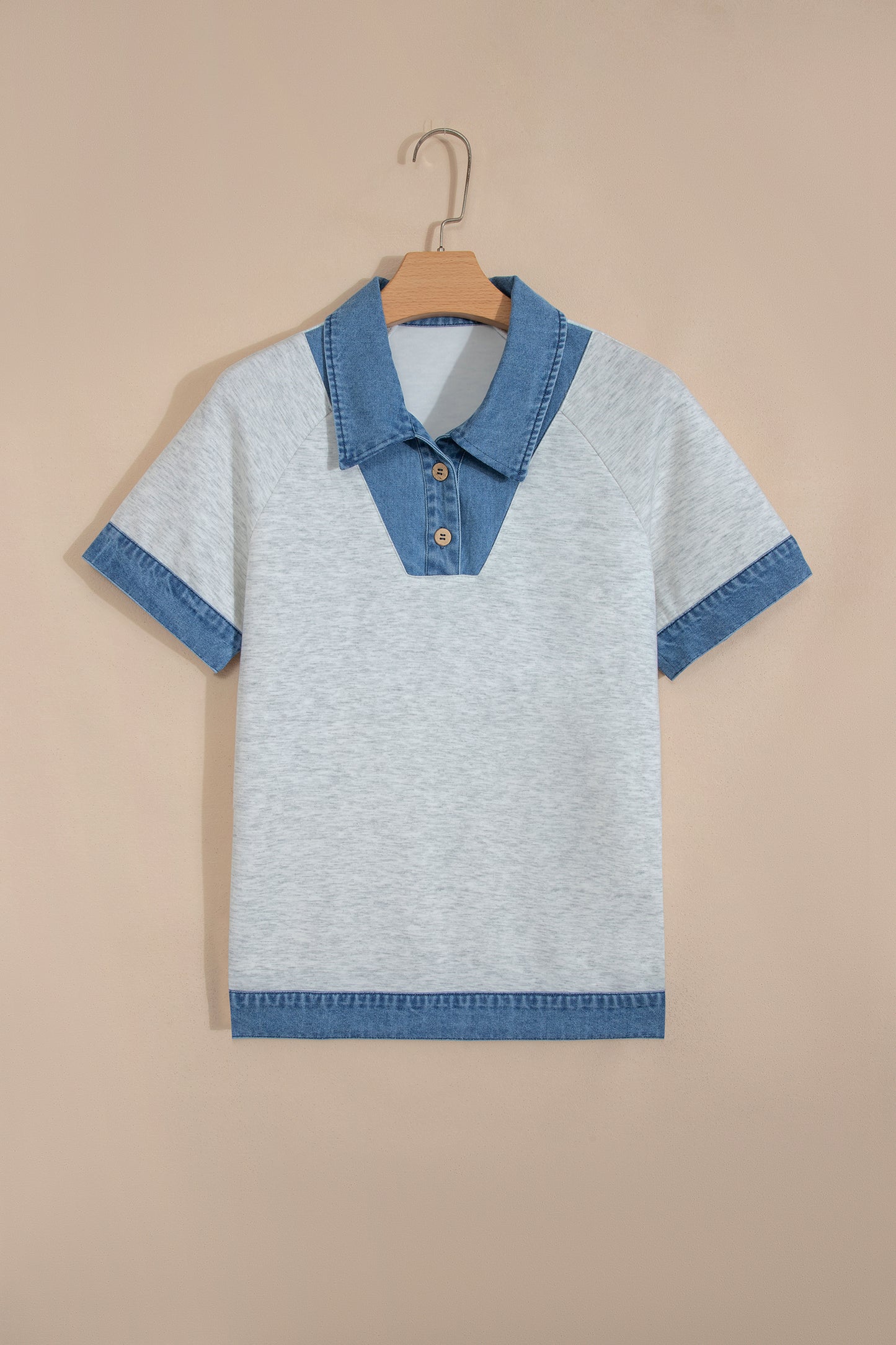 Denim Contrast Collar Cuffed Short Sleeve Top