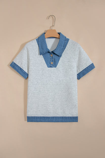 Denim Contrast Collar Cuffed Short Sleeve Top