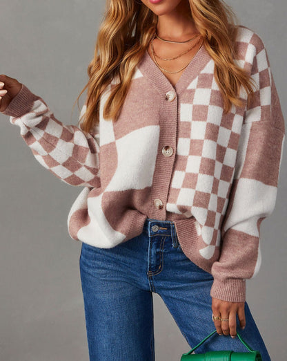 Checker Colorblock Button Front Cardigan