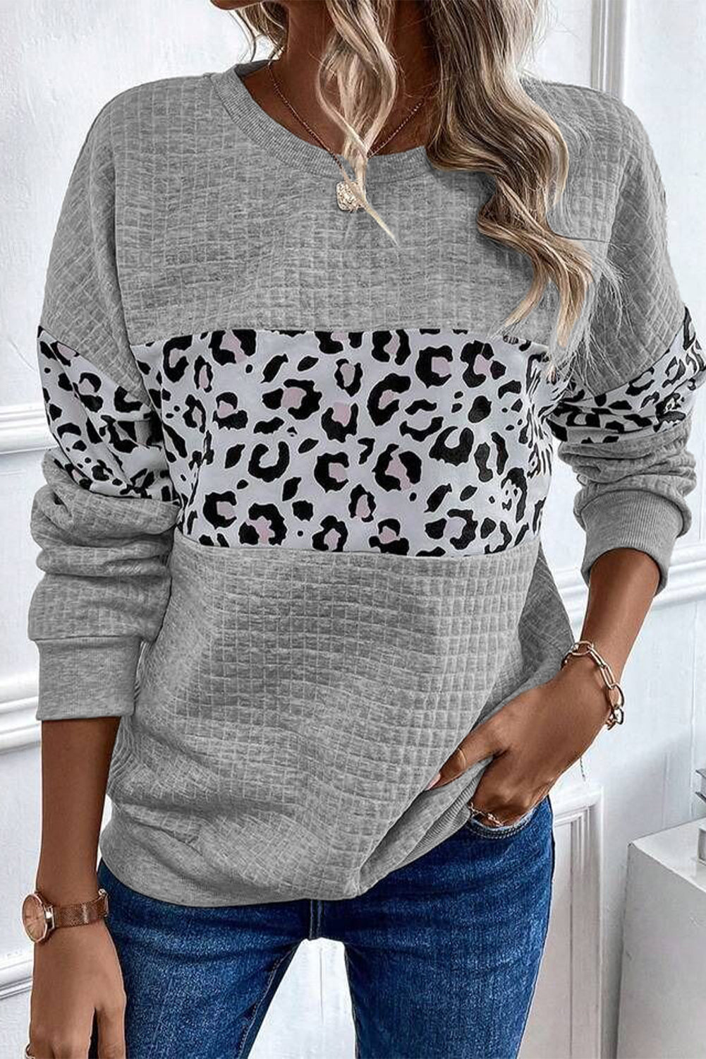 Leopard Colorblock Quilted Sweatshirt