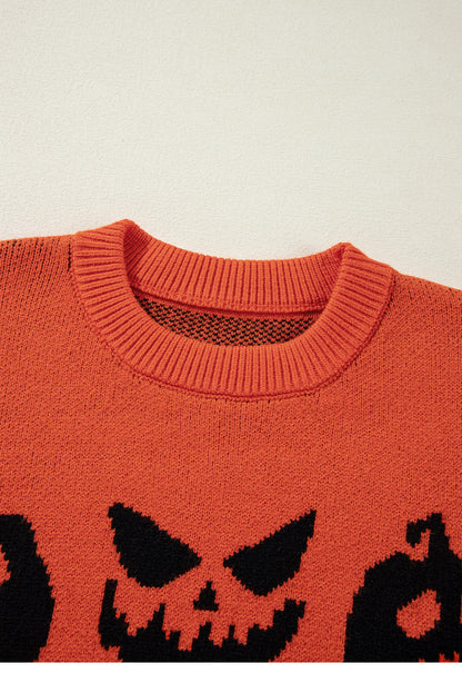 Halloween Pumpkin Face Drop Shoulder Sweater