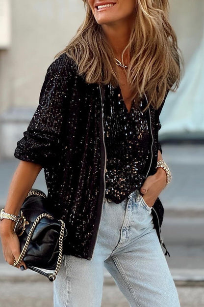 Sequin Round Neck Zipped Jacket