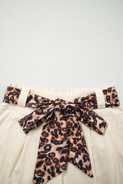 Leopard Contrast Belt Pleated Wide Leg Shorts