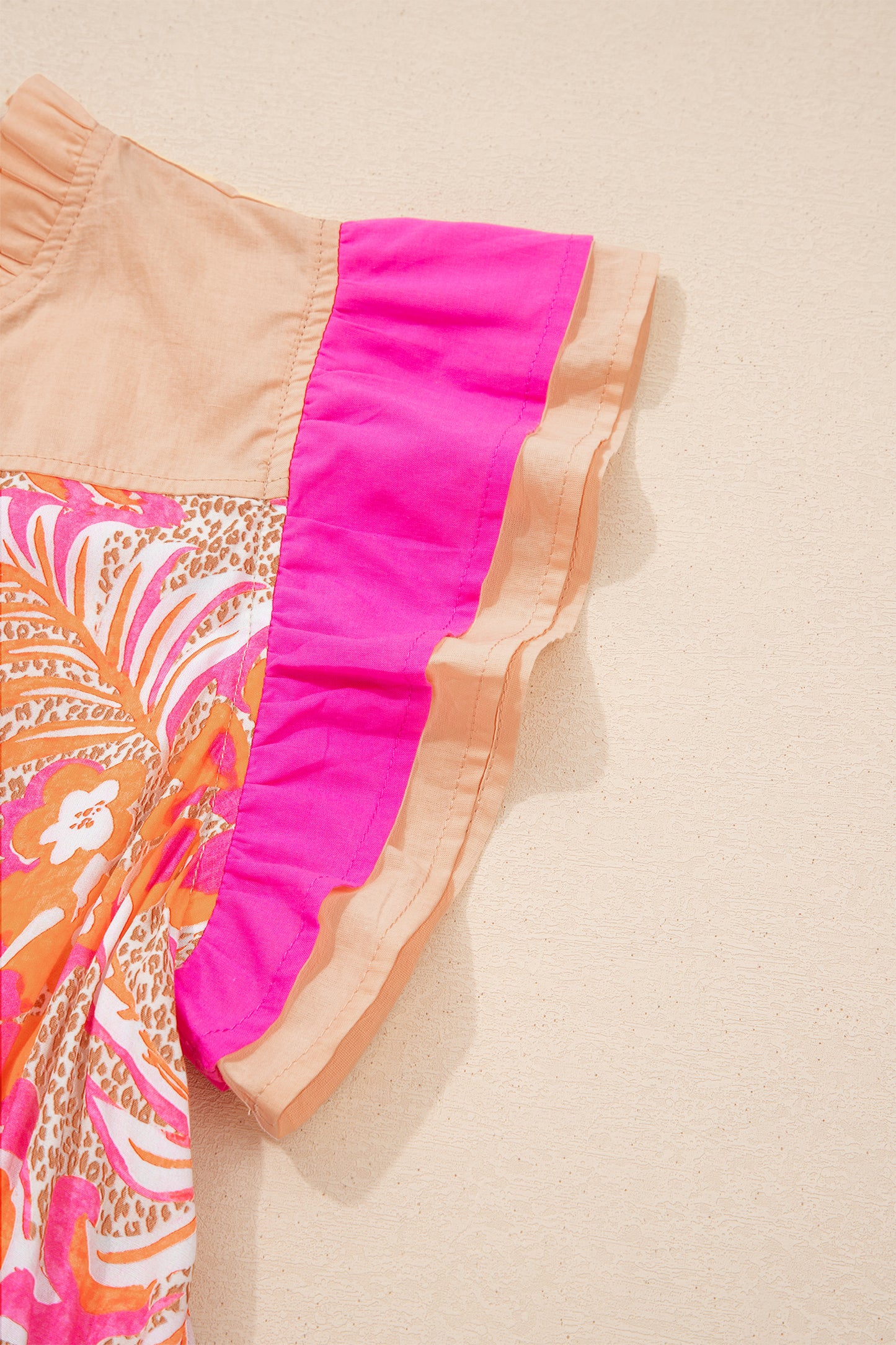 Floral Colorblock Ruffle Short Sleeve Midi Dress