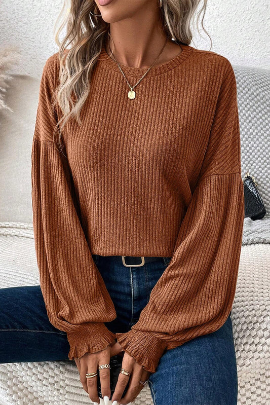 Ribbed Long Puff Sleeve Top