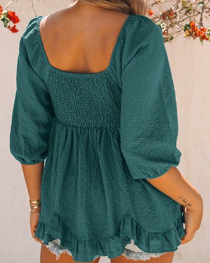 Ruffle Smocked 3/4 Sleeve Blouse