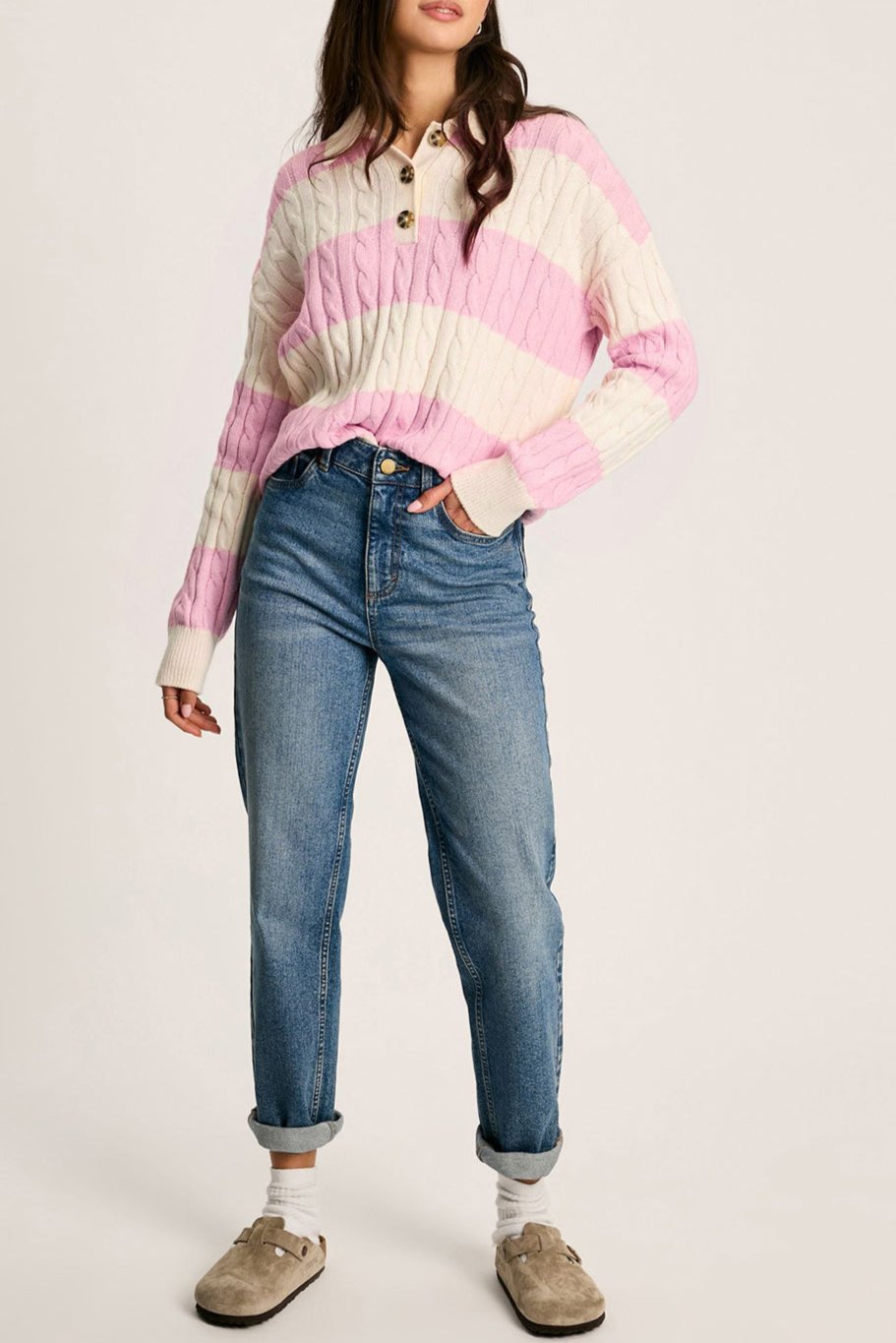 Stripe Cable Knit Collared Henley Sweater