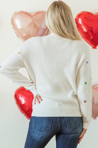 Valentine Heart Sequin Ribbed Knit Crewneck Sweater