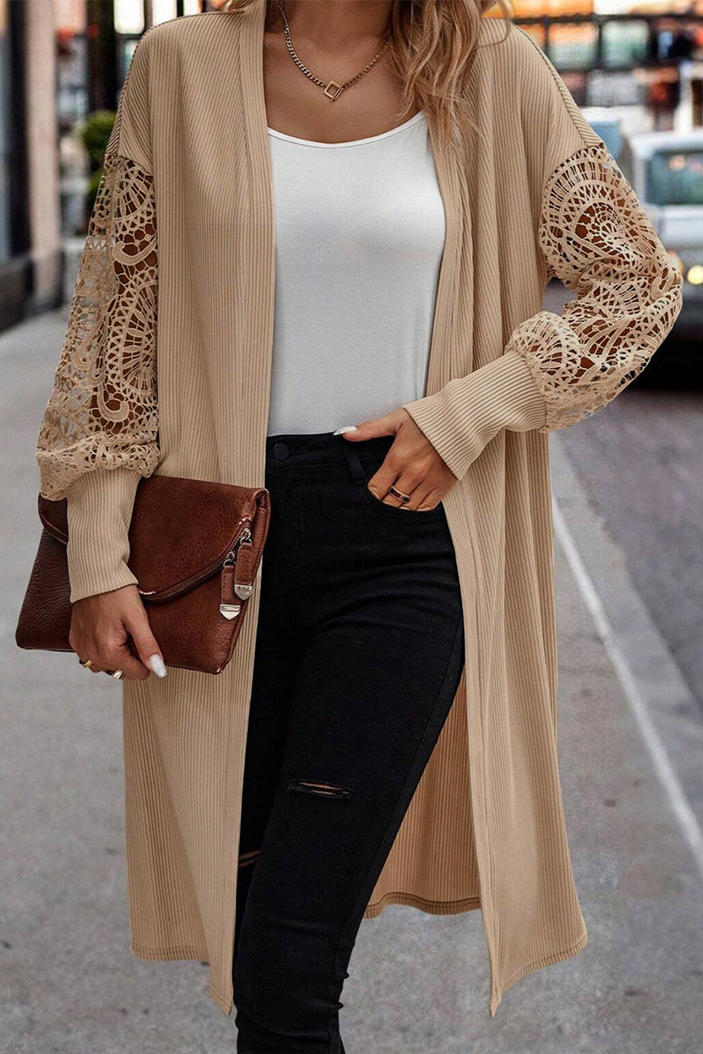 Lace Patchwork Ribbed Duster Cardigan