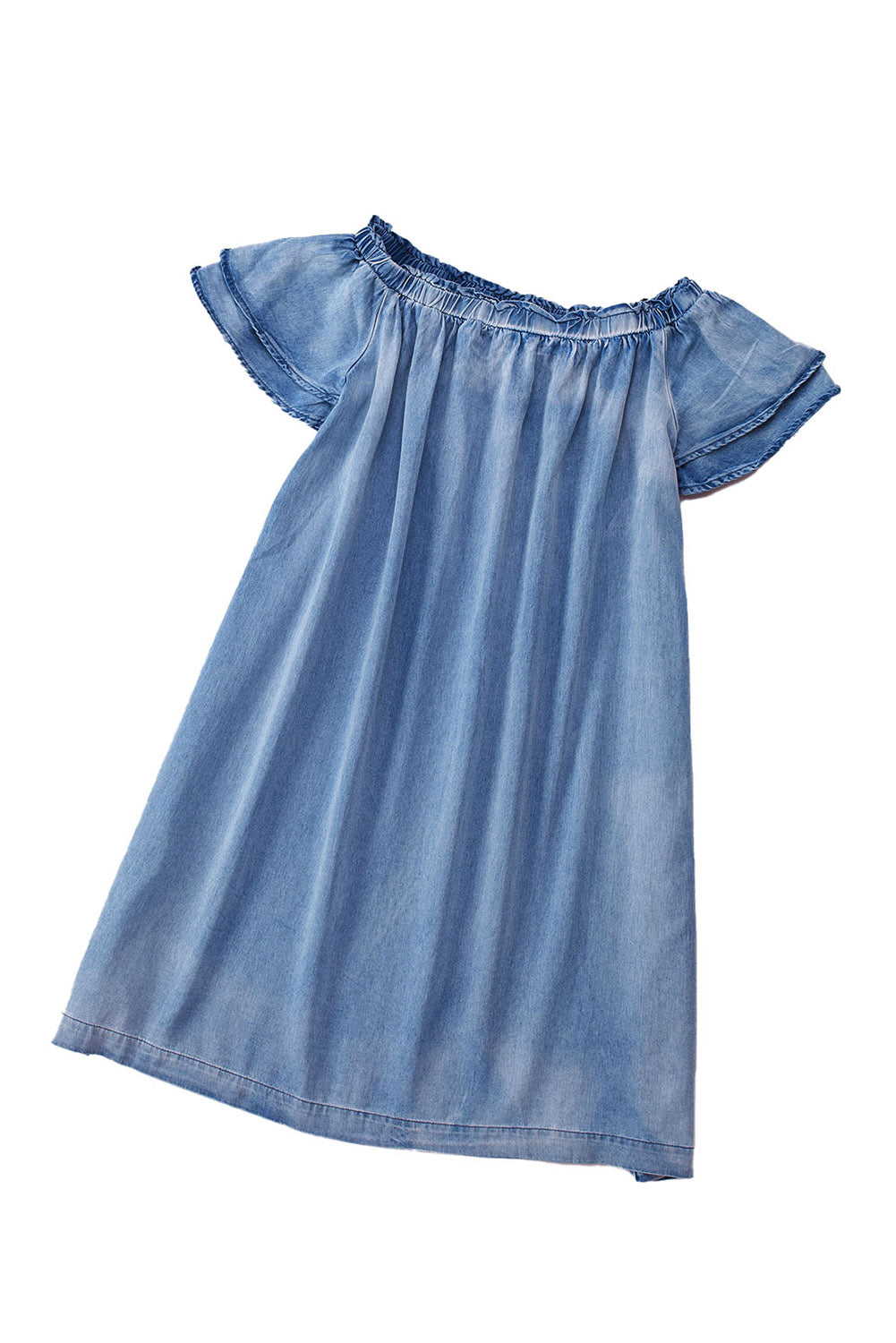 Denim Chambray Ruffle Off Shoulder Dress