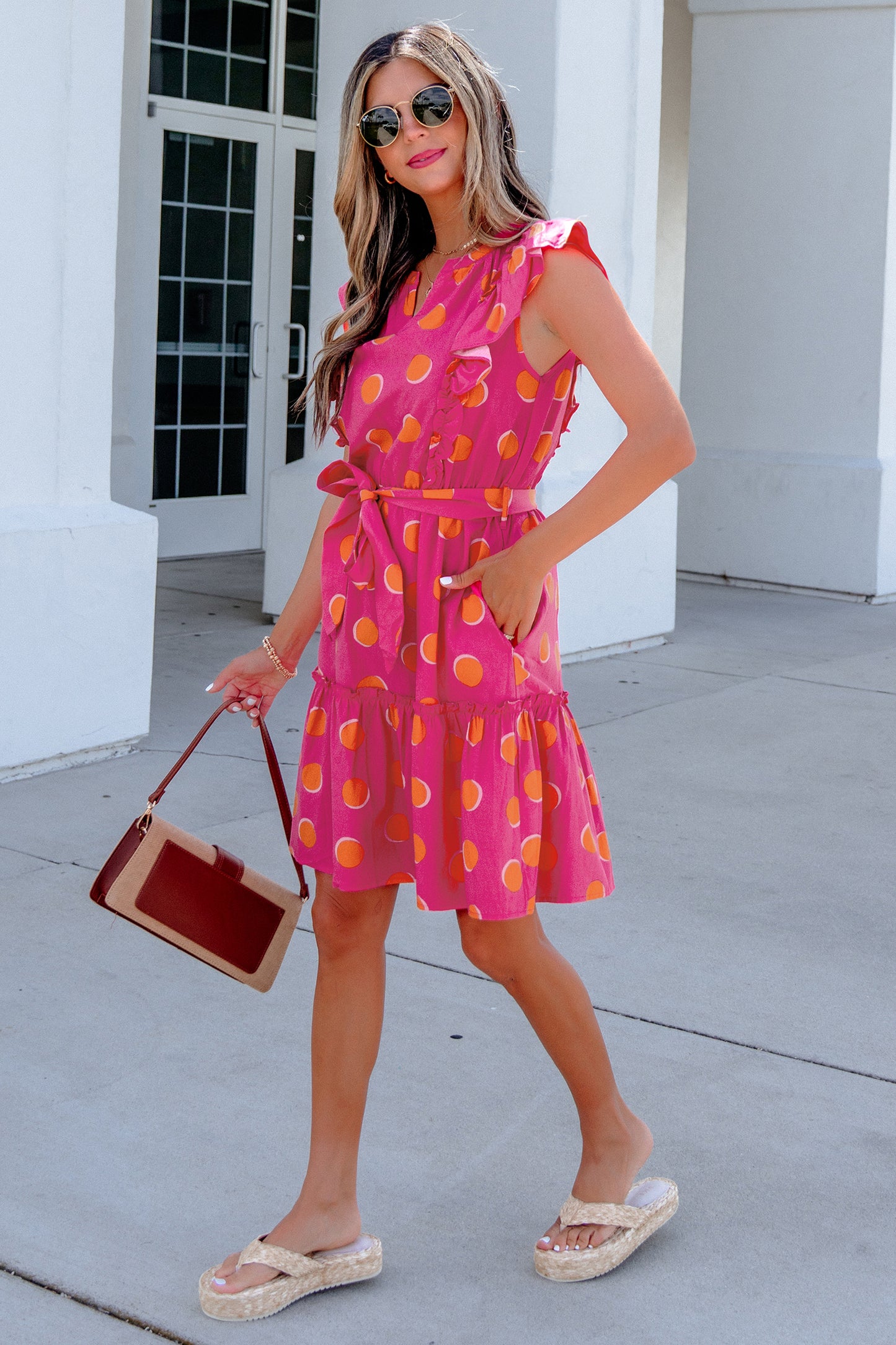 Polka Dot V-Neck Ruffle Belted Mini Dress