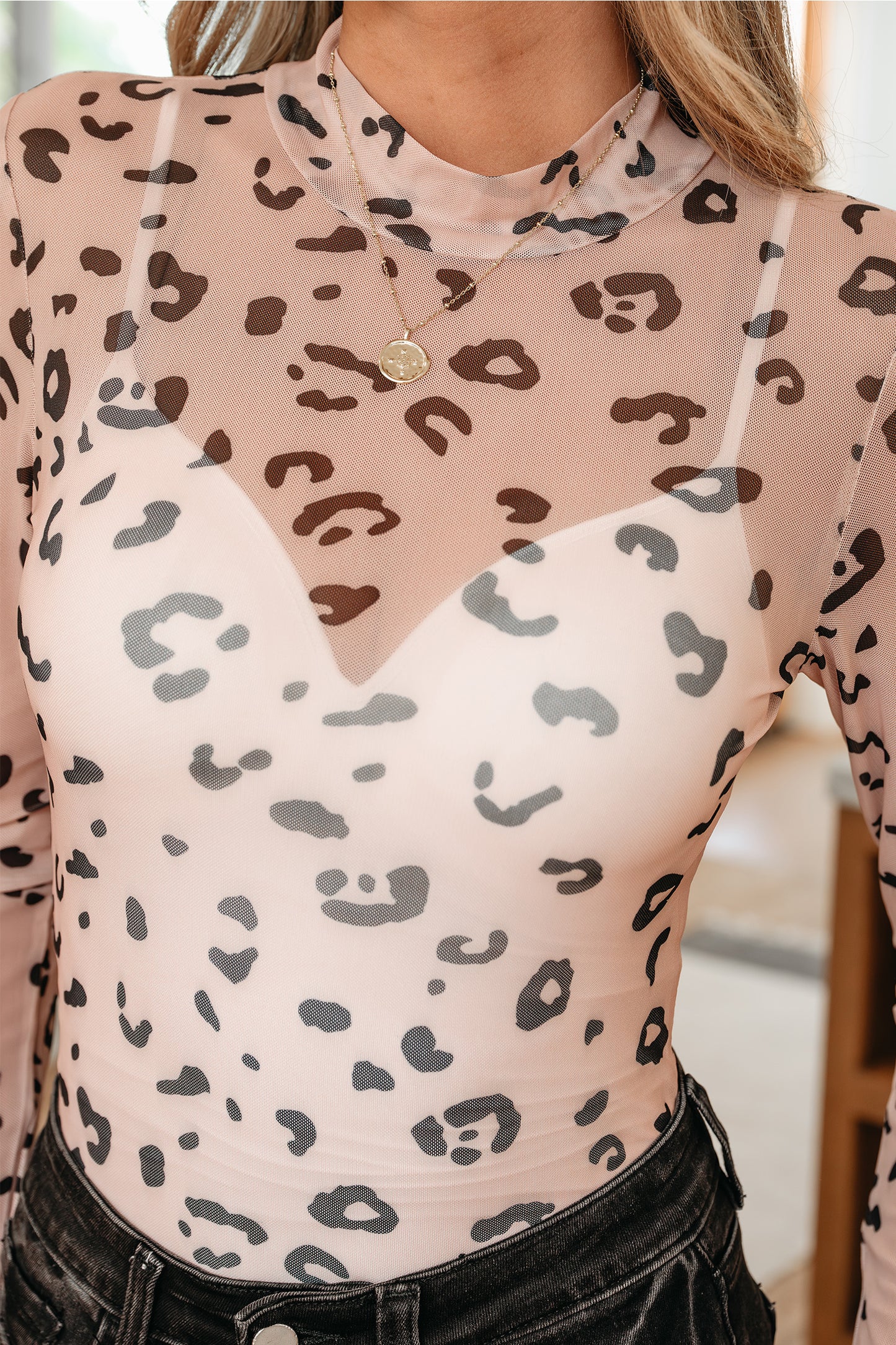 Leopard Mesh Mock Neck Long Sleeve Bodysuit