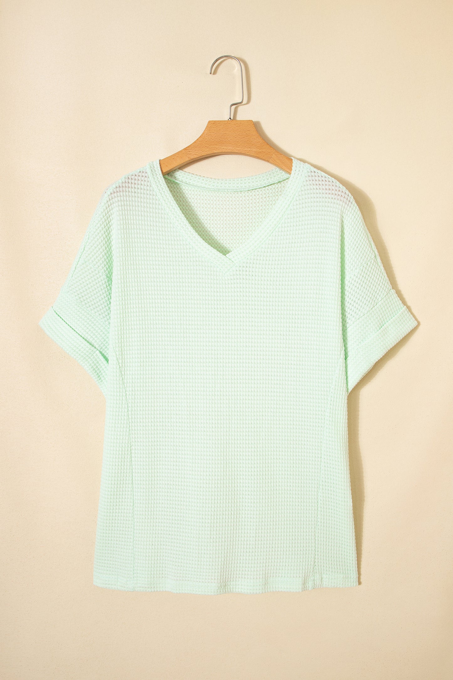 Solid Waffle Knit V-Neck Short Sleeve Top