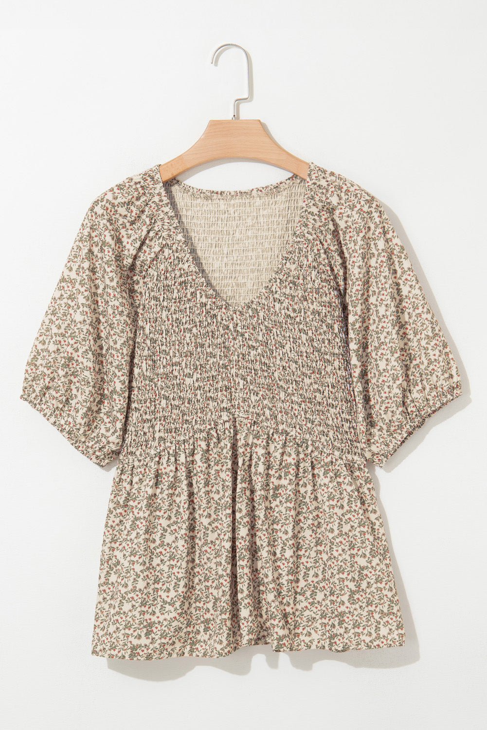 Floral Puff Sleeve Smocked V-Neck Top