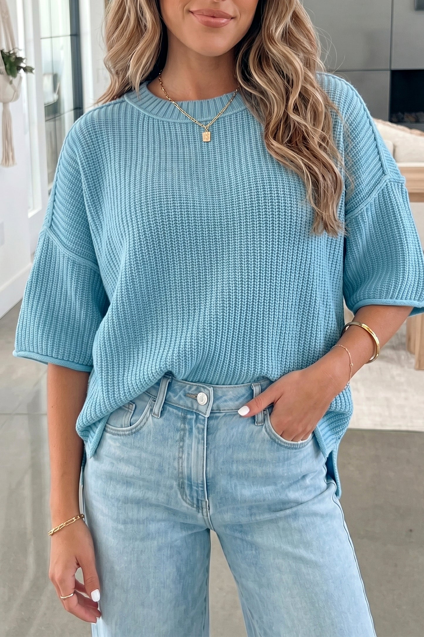 Solid Exposed Seam 3/4 Sleeve Loose Sweater