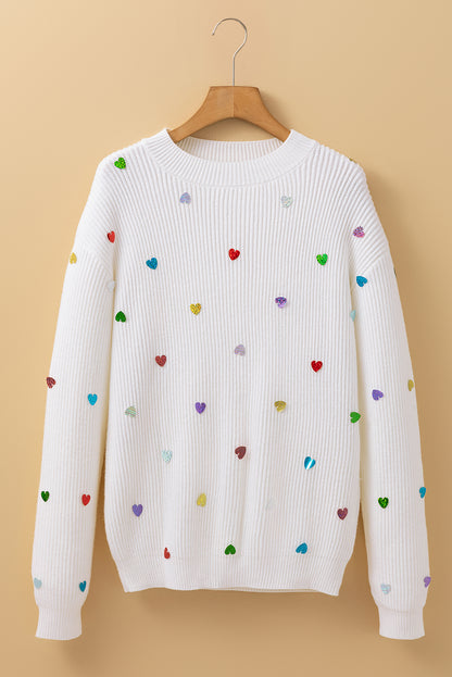 Valentine Heart Sequin Ribbed Knit Crewneck Sweater
