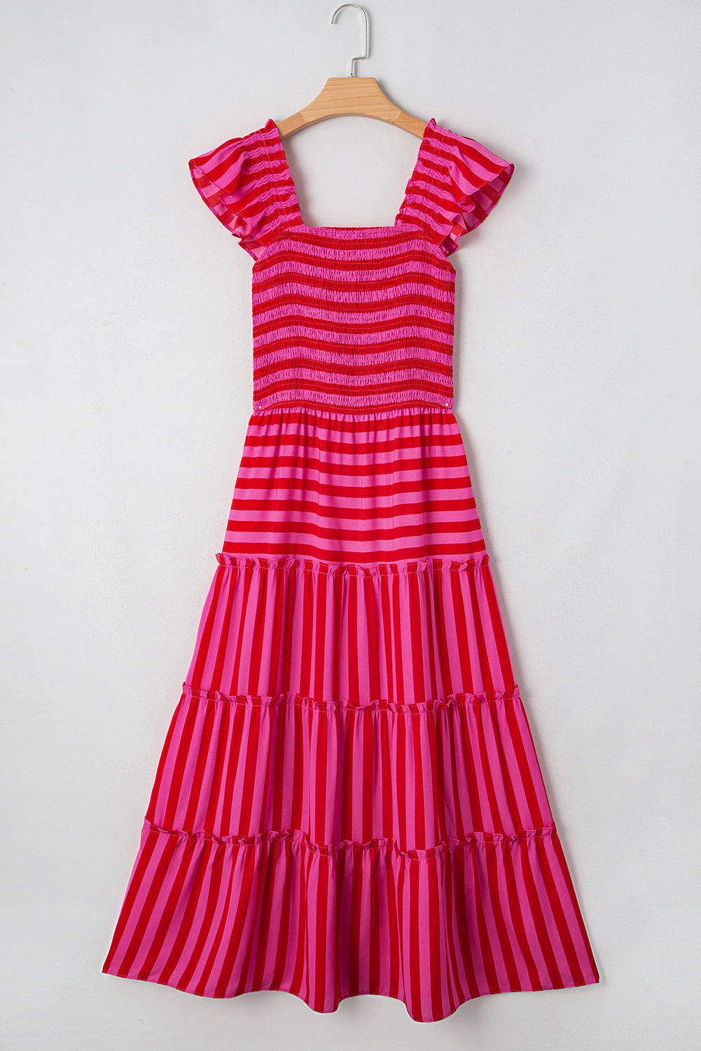 Stripe Smocked Bodice Flutter Sleeve Tiered Maxi Dress