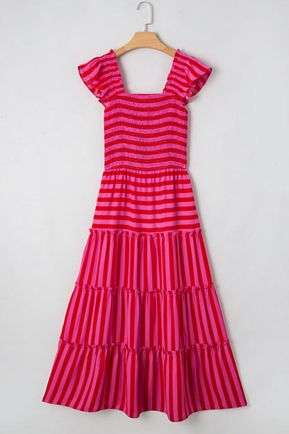 Stripe Smocked Bodice Flutter Sleeve Tiered Maxi Dress