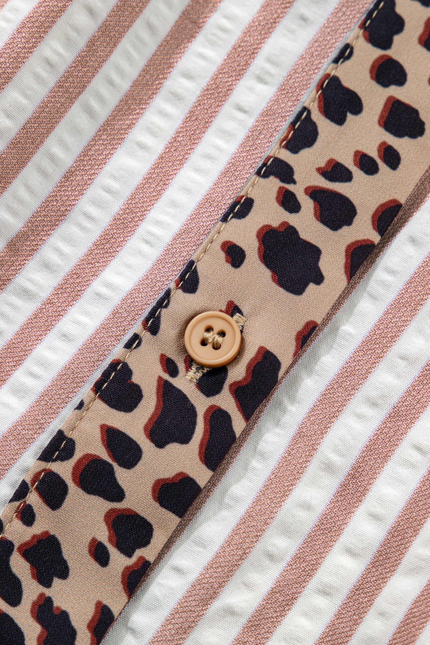Stripe Leopard Trim V-Neck Buttoned Short Sleeve Shirt