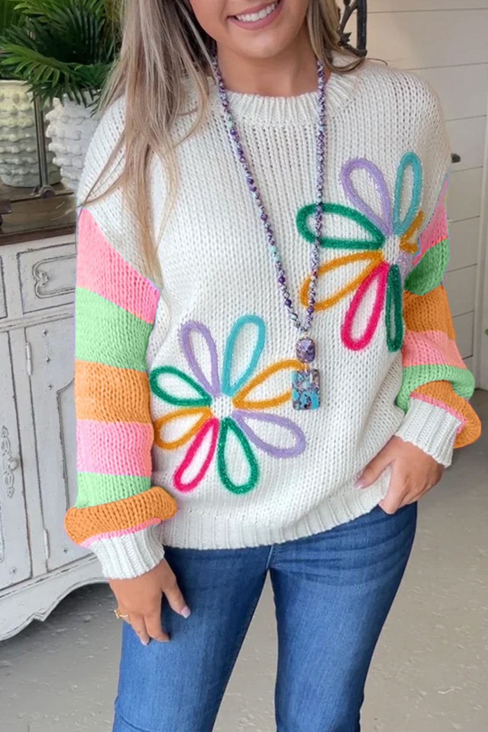 Floral Colorblock Long Sleeve Sweater