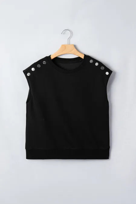 Solid Metal Button Shoulder Short Sleeve Top
