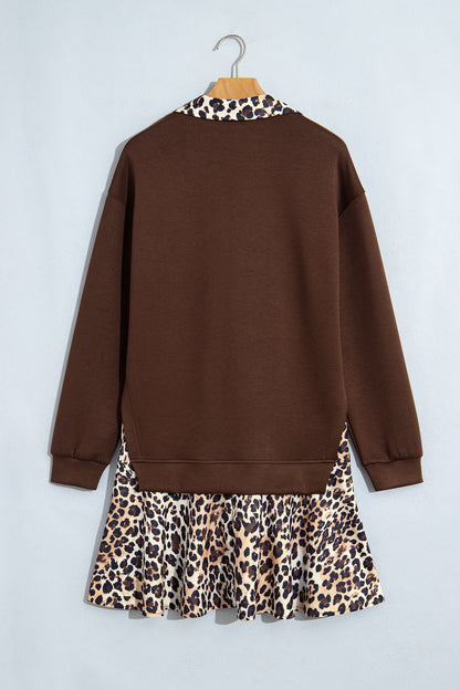 Leopard Patchwork Collared Long Sleeve Mini Dress