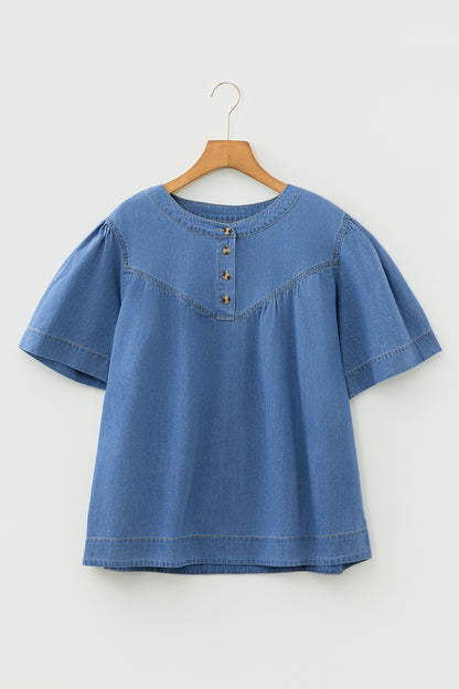 Denim Pleated Half Buttoned Short Sleeve Top