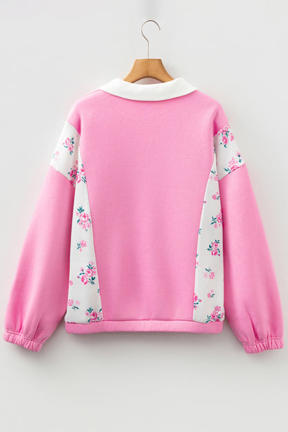 Floral Colorblock Patchwork Puff Sleeve Collared Top