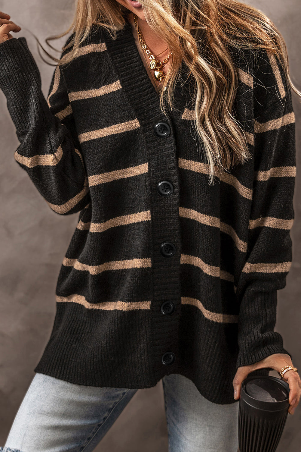 Stripe Buttoned V-Neck Cardigan