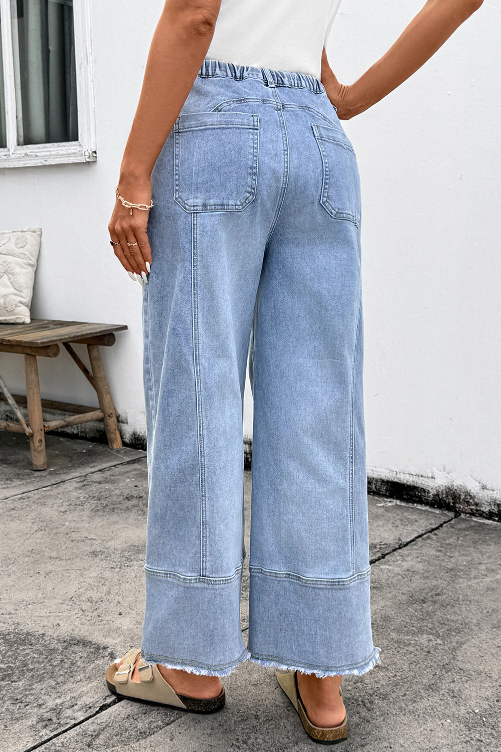 Denim Raw Hem Drawstring Wide Leg Pants