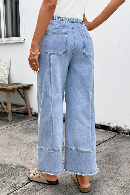 Denim Raw Hem Drawstring Wide Leg Pants