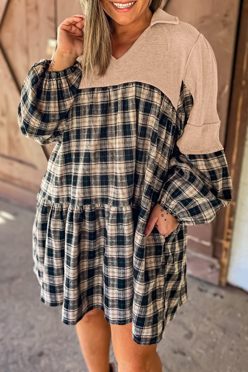 Plus Size Plaid Waffle Patchwork Mini Dress