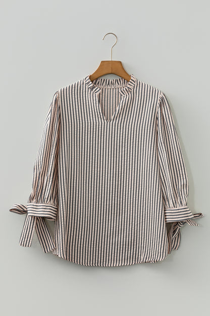 Stripe Knotted Cuff 3/4 Sleeve V-Neck Blouse