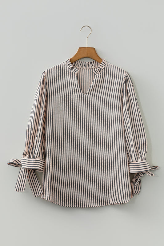 Stripe Knotted Cuff 3/4 Sleeve V-Neck Blouse